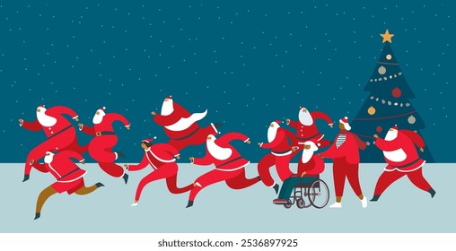 People characters participants of Santa fun race marathon. Flat vector illustration