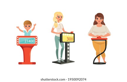 People Characters Participating in Panel Game on Television Standing In Front of Button Stand Answering Questions Vector Illustration Set