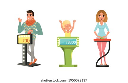 People Characters Participating in Panel Game on Television Standing In Front of Button Stand Answering Questions Vector Illustration Set