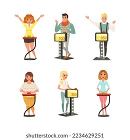 People Characters Participating in Panel Game on Television Standing In Front of Button Stand Answering Questions Vector Illustration Set