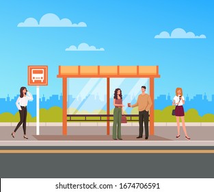 People characters passengers standing on bus station and waiting transport. Vector flat graphic design illustration