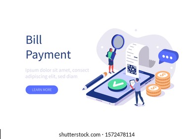 People Characters paying Bill on Smartphone. Woman and Man Characters checking Online Receipt or Invoice. Online Banking Technology and Mobile Payment Concept. Flat Isometric Vector Illustration. 
