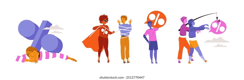 People Characters with Percentage Sign as Interest Rate Vector Set