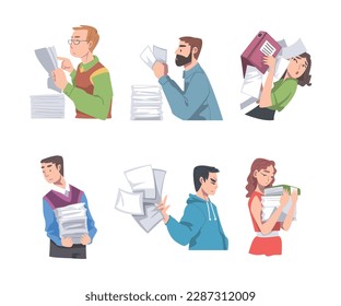 People Characters with Pile of Papers and Files as Correspondence Administration Vector Illustration Set