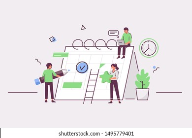 People characters planning schedule with calendar. Man and woman persons manage and organize their work and time. Business plan and time management concept. Flat cartoon vector illustration.
