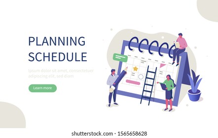 People Characters Planning Schedule with Calendar. Man and Woman Persons Manage and Organize their Work and Time. Business Plan and Time Management Concept. Flat Isometric Vector Illustration. 