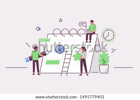 People characters planning schedule with calendar. Man and woman persons manage and organize their work and time. Business plan and time management concept. Flat cartoon vector illustration.
