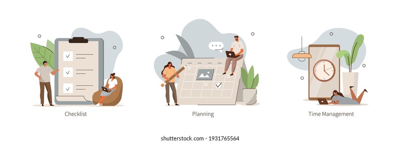 People Characters Planning Schedule, Managing Work Time and Filling To Do Checklist. Woman and Man Organizing Daily Tasks. Time Management and Organization Concept. Flat Cartoon Vector  Illustration.