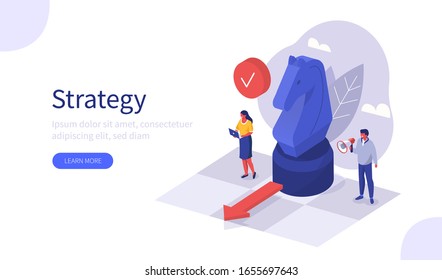 People Characters Planning Strategy for Business. Businessman and Businesswoman Moving Horse Chess Figure at Chessboard. Teamwork  and Business Success Concept. Flat Isometric Vector Illustration.