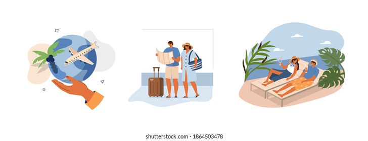 People Characters Planning Travel. Woman and Man Choosing Destination, Booking Flight and Hotel, Relaxing. Vacation and Tourism Concept. Flat Cartoon Vector Illustration.