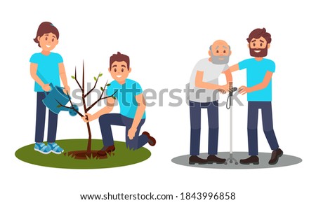 People Characters Planting Seedling and Helping Senior Vector Illustration Set