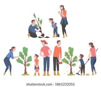 People Characters Planting Tree Sapling Picking Fruits Vector Illustration Set