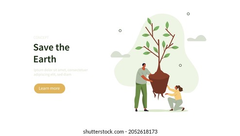 People characters planting tree seedling. Characters trying to save planet earth from climate change. Environmental care and volunteerism concept. Flat cartoon vector illustration.