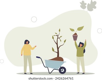 People characters planting trees and plants seedlings.flat vector illustration.