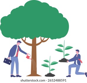 Pessoas personagens plantando árvores e plantas mudas.

