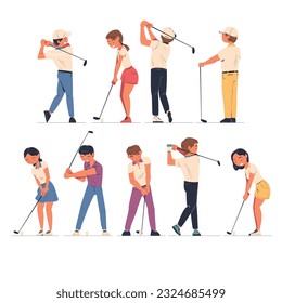 People Characters Playing Golf Hitting Ball with Club Vector Set