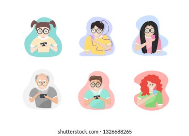 People characters playing mobile, social media addiction lifestyle in all age group, people cartoon characters flat design, vector