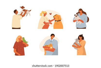 People Characters Playing, Relaxing and Spending Time with Pets. Women and Men Taking Care of Dogs, Cats and Bird. Pet Sitters and Animal Lovers Concept.  Flat Cartoon Vector Illustration.
