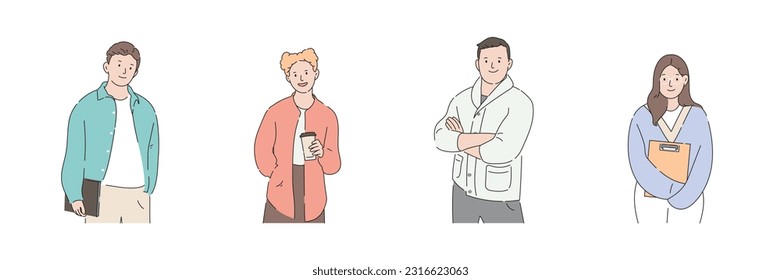People characters portrait illustration. Set of male and female in different poses, holding coffee, notebook in office concept. Minimal style young adults collection for ads, prints, decorative