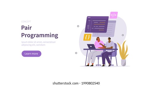 People characters programming together and discussing about their decisions. Developers team writing program code. Pair programming and development process concept. Flat cartoon vector illustration.