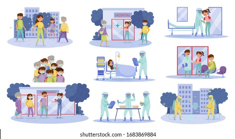 People Characters in Protective Masks Walking in the Street and Going to Hospital with Coronavirus Symptoms Vector Illustrations Set.