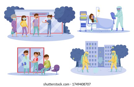 People Characters in Protective Masks Walking in the Street and Rested on Hospital Bed with Coronavirus Symptoms Vector Illustrations Set
