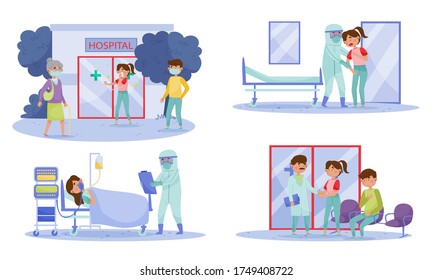 People Characters in Protective Masks Walking in the Street and in Hospital with Coronavirus Symptoms Vector Illustrations Set