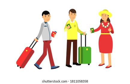 People Characters Pulling Luggage and Holding Tickets Vector Illustration Set