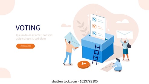 People Characters Putting Ballot Into Voting Box. Women and Men Choosing Candidate at Vote Polling Station. Election Campaign and Referendum Concept. Flat Isometric Vector Illustration.