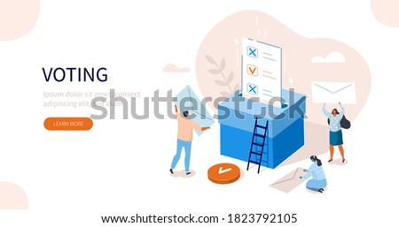 People Characters Putting Ballot Into Voting Box. Women and Men Choosing Candidate at Vote Polling Station. Election Campaign and Referendum Concept. Flat Isometric Vector Illustration.