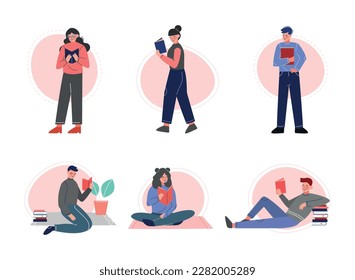 People Characters Reading Book Sitting and Standing Vector Set