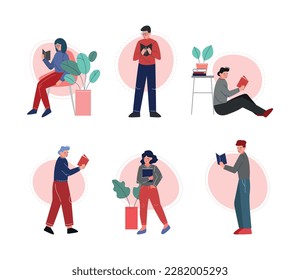 People Characters Reading Book Sitting and Standing Vector Set