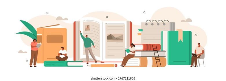 People Characters Reading Books. Male and Female Students with Open Books in Hands. Girls and Boys Studying in Library. Education and Knowledge Concept. Flat Cartoon Vector Illustration.
