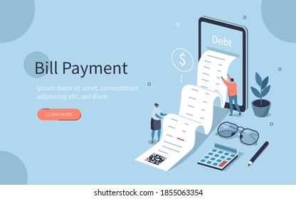 People Characters Reading and Calculating Long Financial Bill or Invoice Online in Mobile App on Smartphone. Payment and Debts Management Concept. Flat Isometric Vector Illustration.