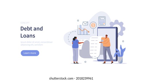 People characters reading and calculating long financial bill or invoice online in mobile app on smartphone. Payment and debts management concept. Flat cartoon vector illustration.