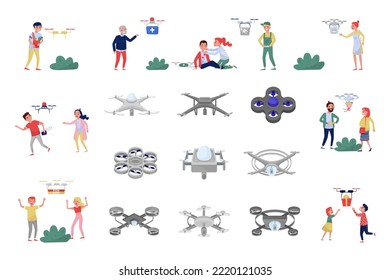 People Characters Receiving First Aid Kit, Pizza, Bouquet Delivery by Quadcopter or Drone Vector Set