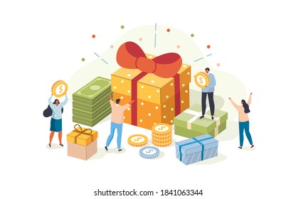 People Characters Receiving Online Reward. Woman and Man Standing near Gift Boxes and Collecting Cash Back Bonuses. Loyalty and Referral Marketing Program Concept. Flat Isometric Vector Illustration.