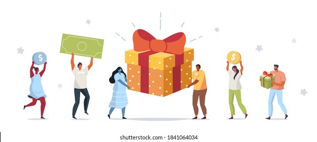 People Characters Receiving Online Reward. Woman and Man Holding Gift Box and Collecting Cash Back Bonuses and Prizes. Loyalty and Referral Marketing Program Concept. Flat Cartoon Vector Illustration.
