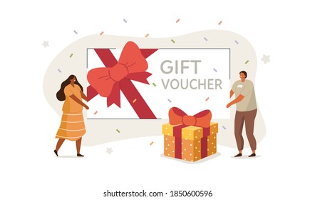 People Characters Receiving Online Reward. Woman And Man Holding Gift Voucher And Gift Box. Loyalty And Referral Marketing Program Concept. Flat Cartoon Vector Illustration.