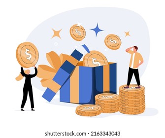 People Characters Receiving Online Reward. Woman and Man Standing near Gift Box and Collecting Cash Back Bonuses. Loyalty and Referral Marketing Program Concept. Flat Isometric Vector Illustration.