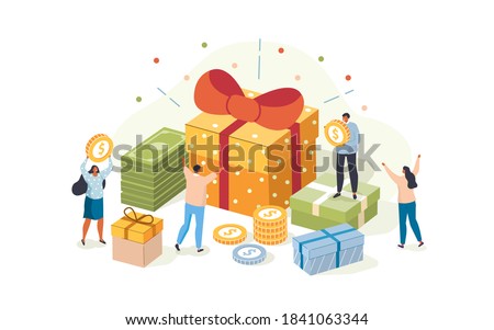People Characters Receiving Online Reward. Woman and Man Standing near Gift Boxes and Collecting Cash Back Bonuses. Loyalty and Referral Marketing Program Concept. Flat Isometric Vector Illustration.