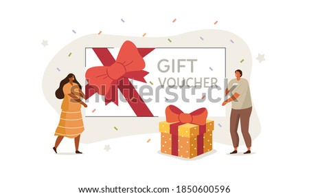 People Characters Receiving Online Reward. Woman and Man Holding Gift Voucher and Gift Box. Loyalty and Referral Marketing Program Concept. Flat Cartoon Vector Illustration.