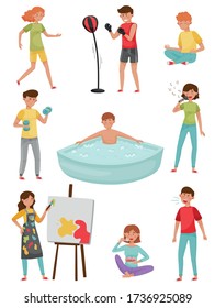 People Characters Reducing Stress by Different Activities like Drawing and Shouting Vector Illustrations Set