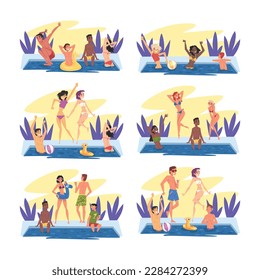People Characters Relaxing Near Swimming Pool Splashing in Water Enjoying Summer Vector Set