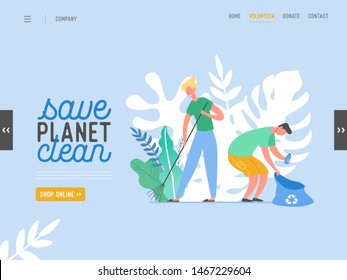 Personajes Quitando basura del planeta. Caracteres limpiando la superficie terrestre. Reciclaje y ecología, Salvar el concepto del planeta Página de aterrizaje de sitios web, Diseño web Ilustración de vectores planos, Banner
