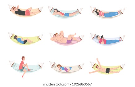 People Characters Resting in Hammock Reading Book and Sleeping Vector Illustration Set