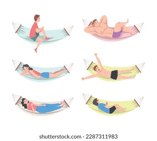 People Characters Resting in Hammock Sitting and Sleeping Vector Illustration Set