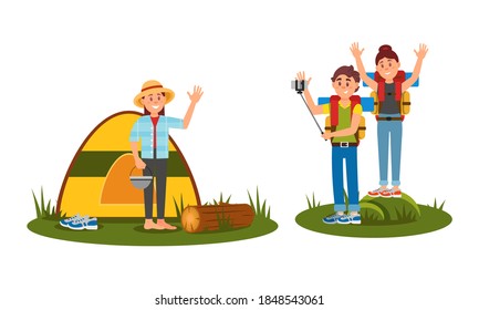 People Characters Resting Outdoors Putting up Tent and Taking Selfie Vector Illustration Set