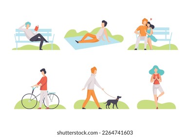 People Characters Resting in Park Having Weekend Vector Set.