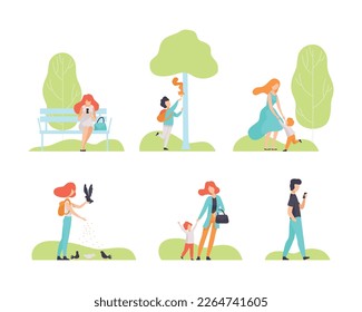 People Characters Resting in Park Having Weekend Vector Set.